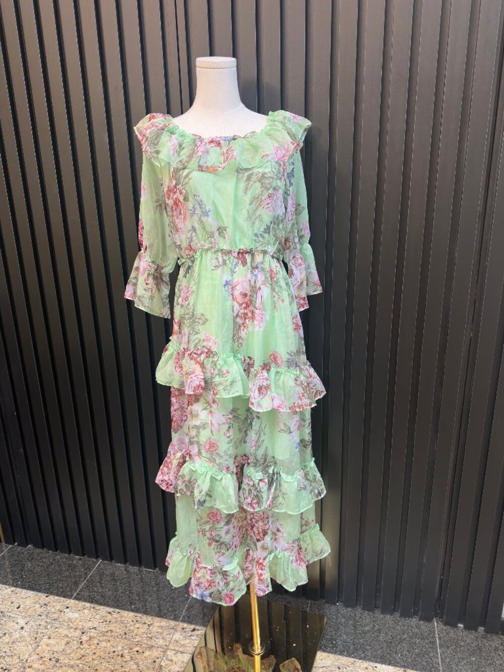 Mint Green Floral Ruffle Off Shoulder Long Sleeve Tiered Maxi Dress